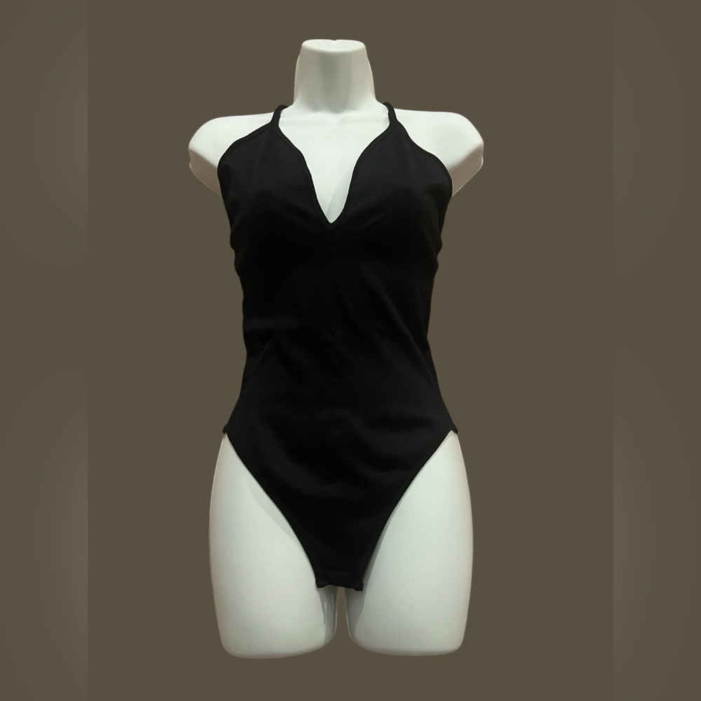 Long Black Plunge Rib Bodysuit – Size L (NEW)
